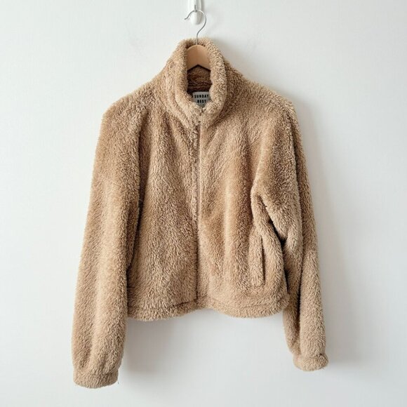 Aritzia Sunday Best Fuzzy Teddy Full Zip Sweater Tan Brown Size Small - Picture 3 of 7